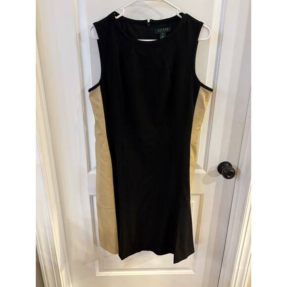 Ralph Lauren Black Tan Colorblock A Line Flare dress XL 16 Faux leather - Picture 2 of 9